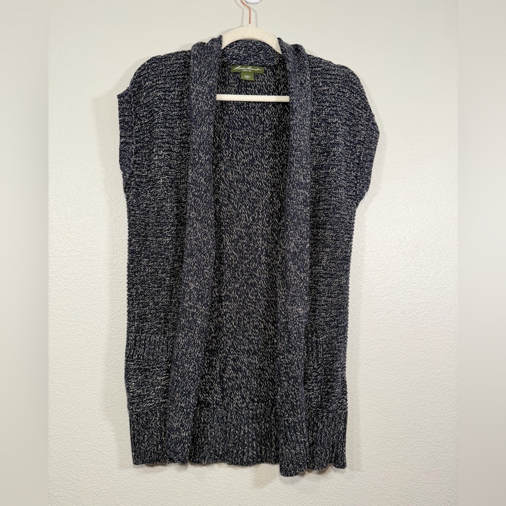 Eddie Bauer Cardigan Sweater Open Front Cap Sleeve Blue White Marble Women S